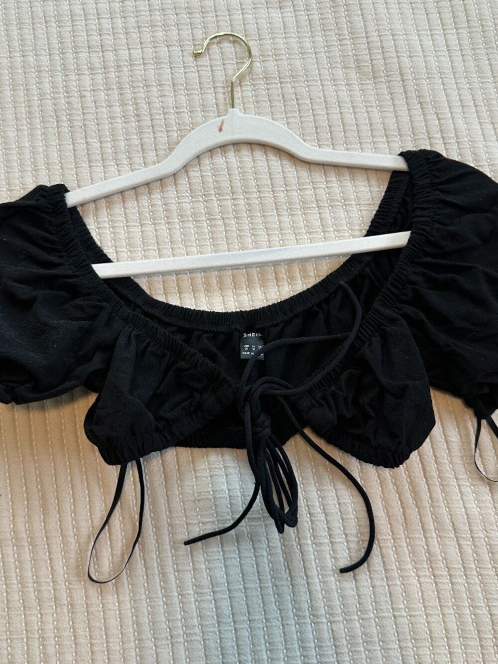 Black Crop Off Shoulder Peasant Top with Tie Front